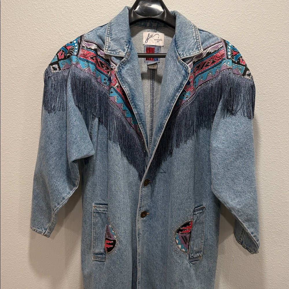 Vintage 90s #Denim Fringe Trench • Aztec #Western Jacket • FREE SHIPPING - Picture 11 of 16